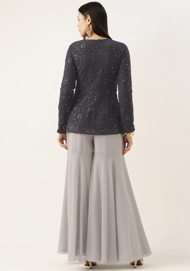 Grey Floral Embroidered Poly Blend Kurta Set