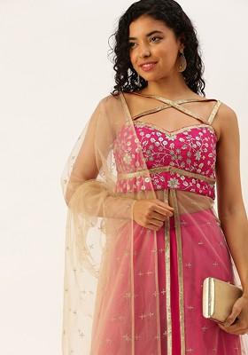 Beige Floral Embroidered Poly Blend Kurta Set