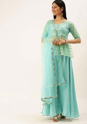 Blue Sequin Embroidered Poly Blend Kurta Set