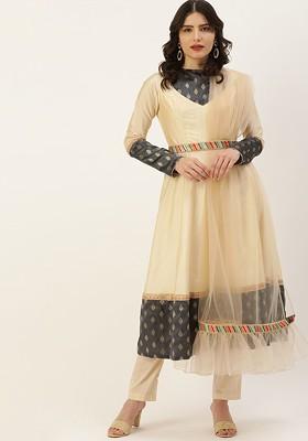 Beige Embroidered Poly Blend Kurta Set