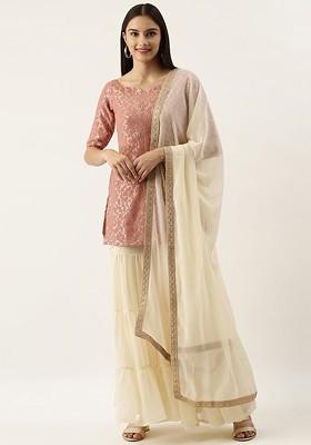 Rose Pink Embroidered Poly Blend Kurta Set