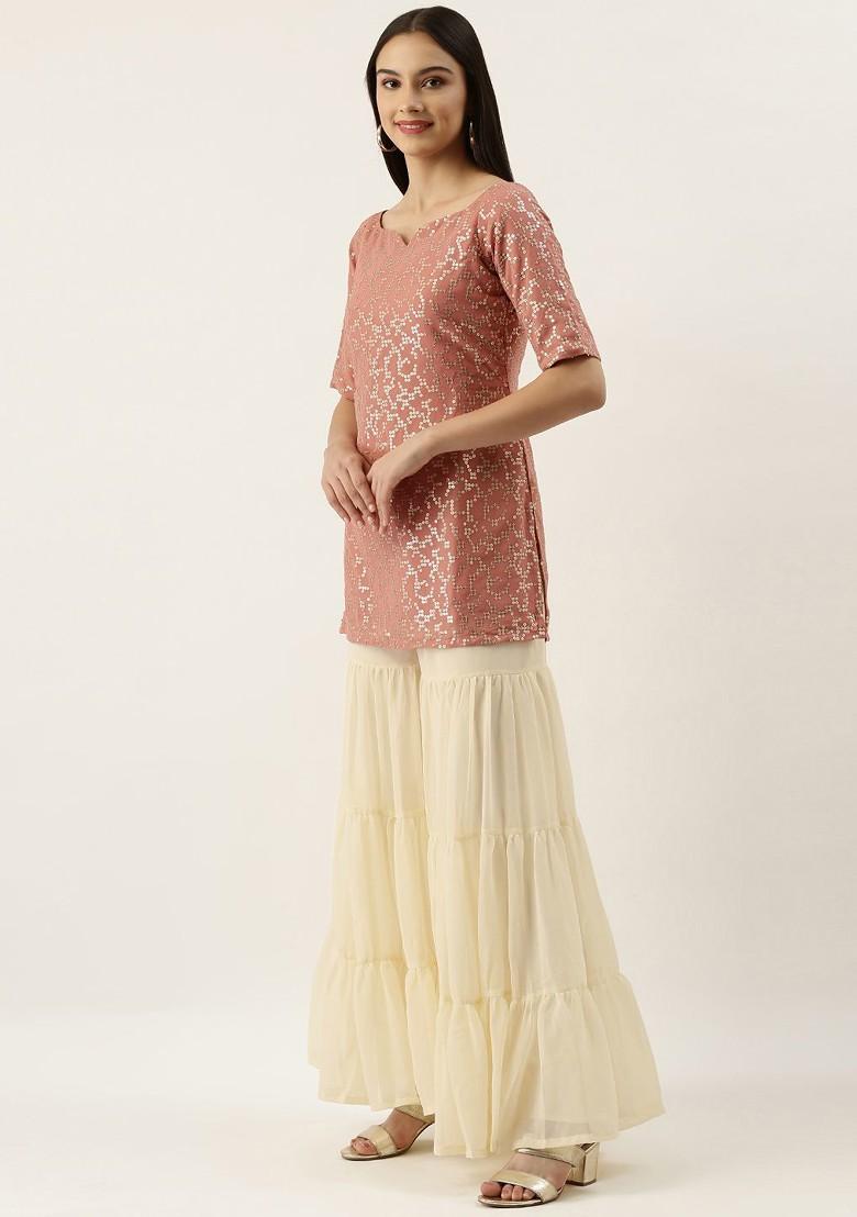 Rose Pink Embroidered Poly Blend Kurta Set