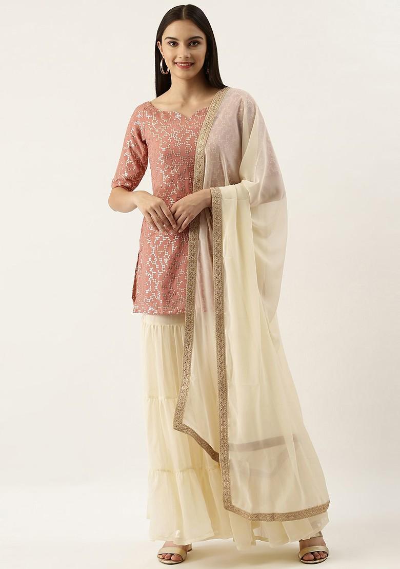 Rose Pink Embroidered Poly Blend Kurta Set