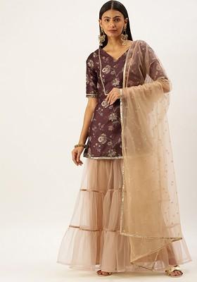Burgundy Floral Print Poly Blend Kurta Set