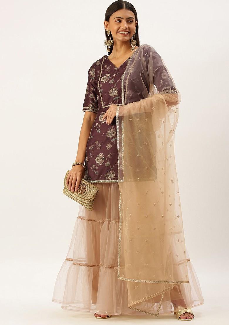 Burgundy Floral Print Poly Blend Kurta Set