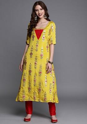 Yellow Embroidered Poly Blend Kurta Set