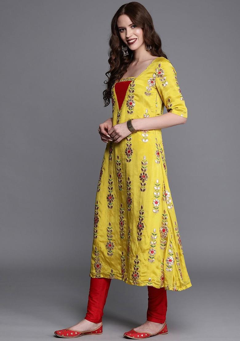 Yellow Embroidered Poly Blend Kurta Set
