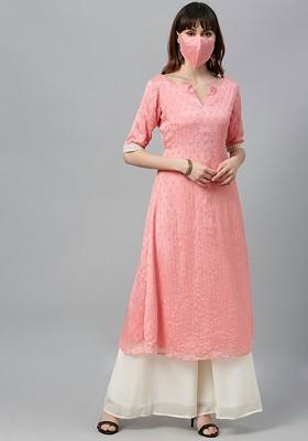 Pink Embroidered Poly Blend Kurta Set