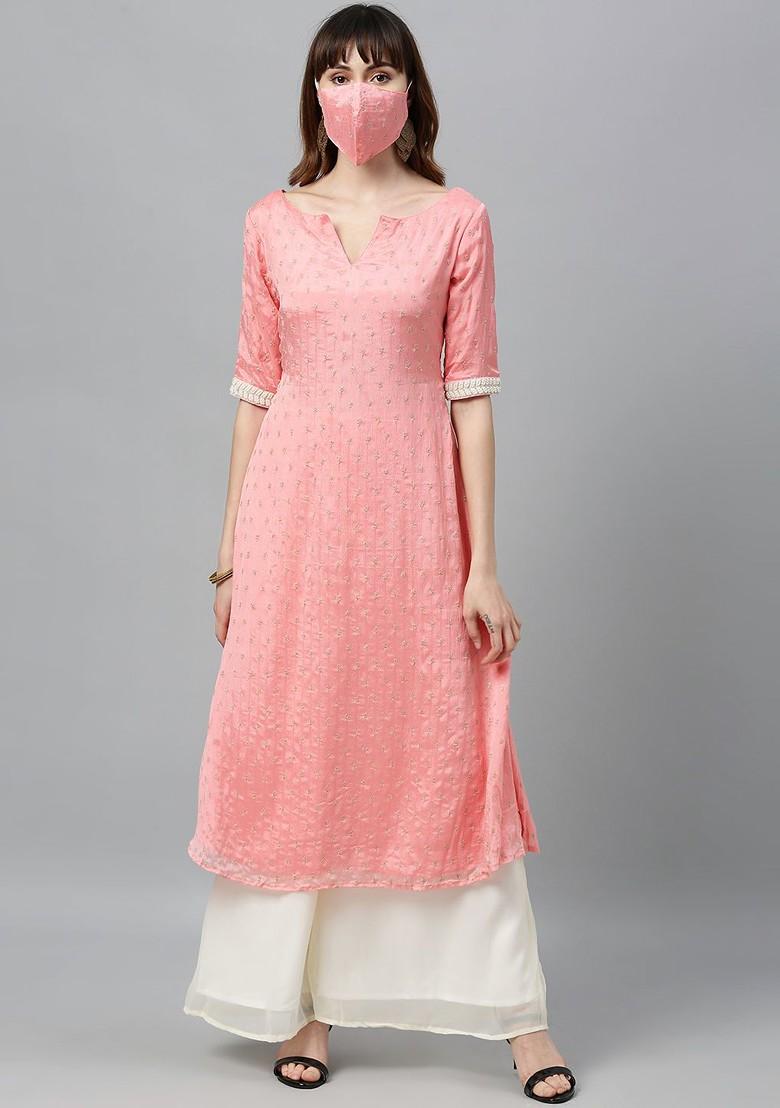 Pink Embroidered Poly Blend Kurta Set