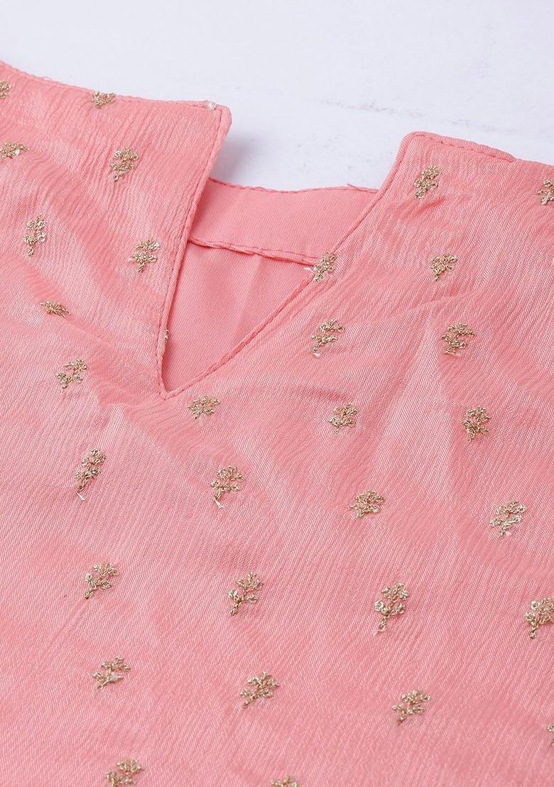 Pink Embroidered Poly Blend Kurta Set