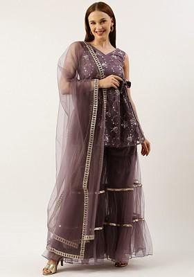 Purple Sequin Embroidered Poly Blend Kurta Set
