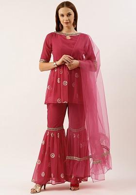 Fuchsia Pink Floral Embroidered Poly Blend Kurta Set