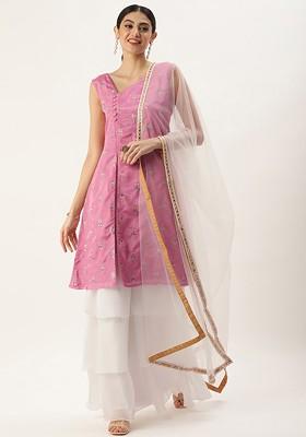 Pink Ethnic Motifs Poly Blend Kurta Set
