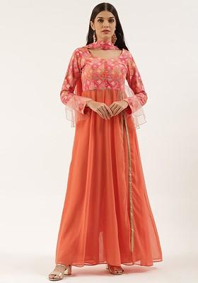 Orange Ethnic Motifs Poly Blend Kurta Set