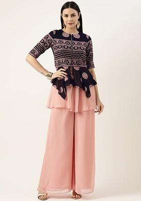 Navy Blue Ethnic Motifs Poly Blend Kurta Set