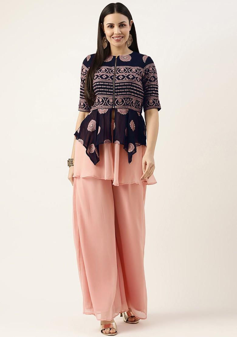 Navy Blue Ethnic Motifs Poly Blend Kurta Set