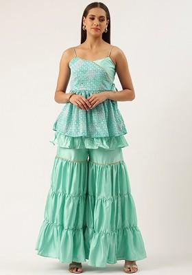 Blue Embroidered Poly Blend Kurta Set