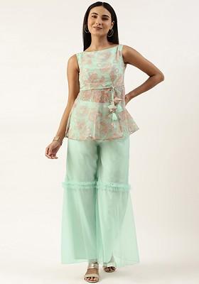 Sea Green Floral Embroidered Poly Blend Kurta Set