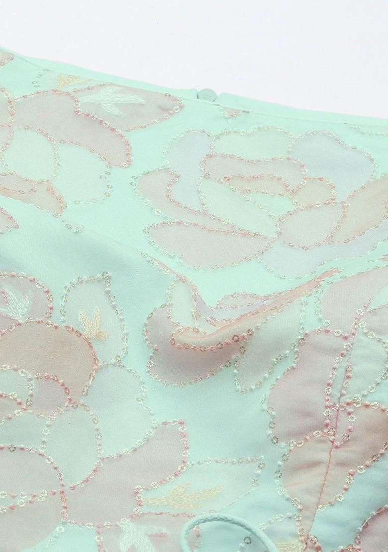 Sea Green Floral Embroidered Poly Blend Kurta Set