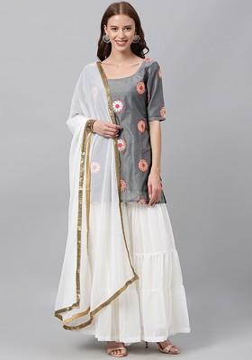 Grey Embroidered Poly Blend Kurta Set
