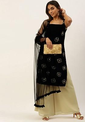 Black Floral Embroidered Poly Blend Kurta Set