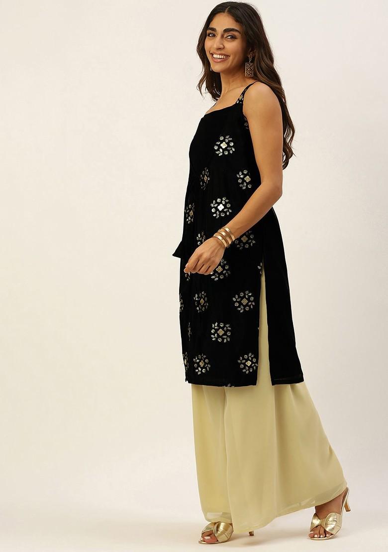 Black Floral Embroidered Poly Blend Kurta Set