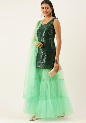 Green Sequin Embroidered Poly Blend Kurta Set