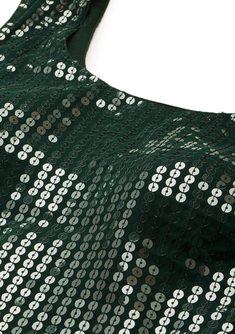 Green Sequin Embroidered Poly Blend Kurta Set