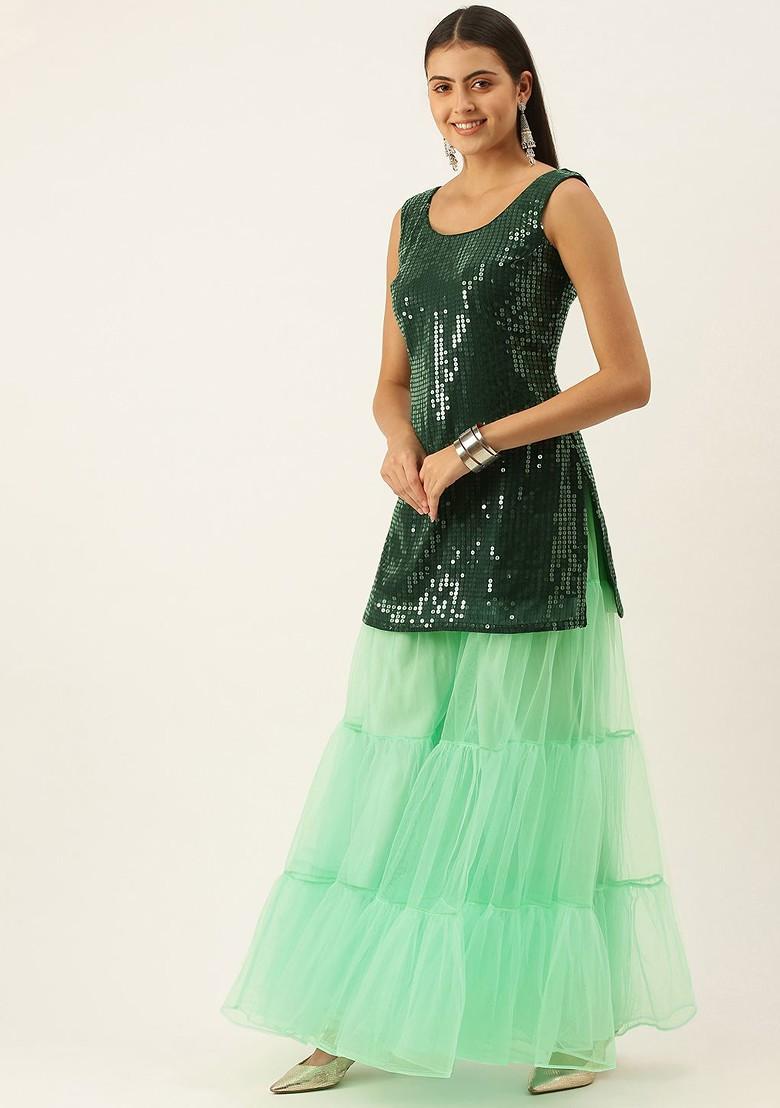 Green Sequin Embroidered Poly Blend Kurta Set