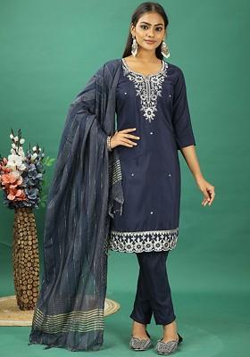 Blue Floral Embroidered Poly Blend Kurta Set