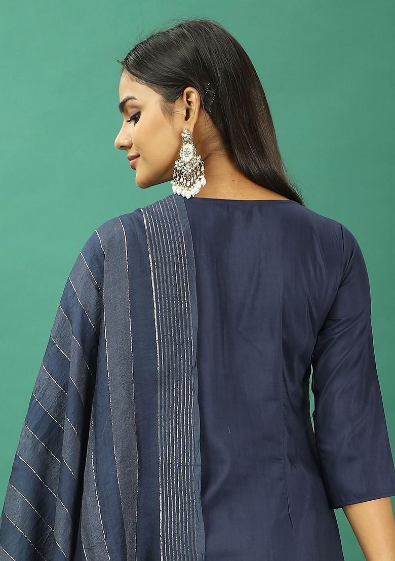 Blue Floral Embroidered Poly Blend Kurta Set