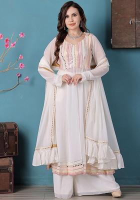 White Ethnic Motifs Poly Blend Kurta Set