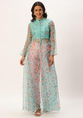 Blue Floral Print Poly Blend Kurta Set