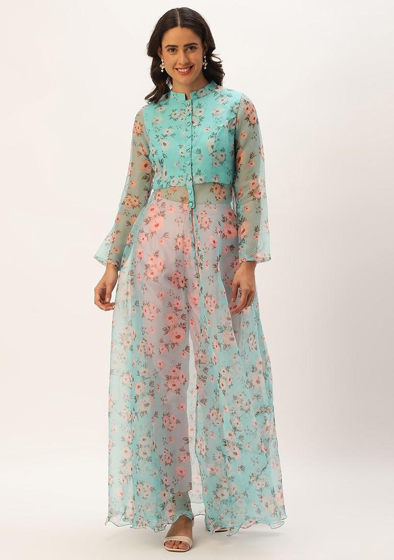 Blue Floral Print Poly Blend Kurta Set
