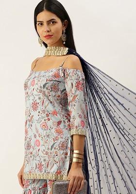 Blue Floral Print Poly Blend Kurta Set