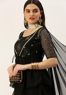 Black Sequin Embroidered Chinon Kurta Set