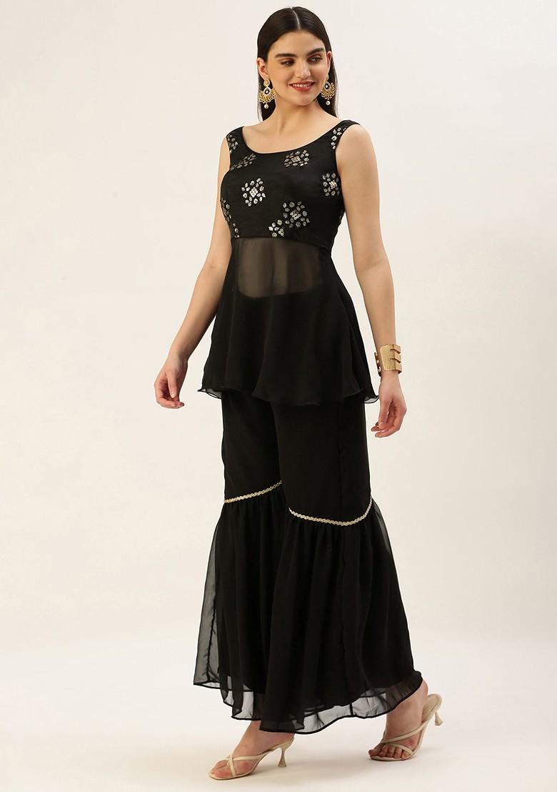 Black Sequin Embroidered Chinon Kurta Set