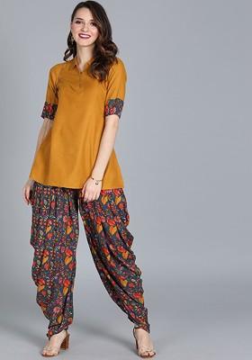 Mustard Floral Embroidered Poly Blend Kurta Set