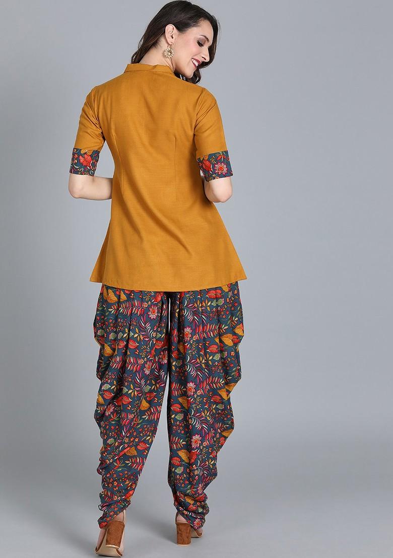 Mustard Floral Embroidered Poly Blend Kurta Set