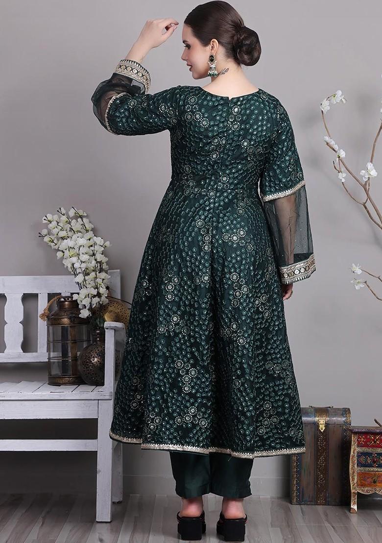 Green Floral Embroidered Poly Blend Kurta Set