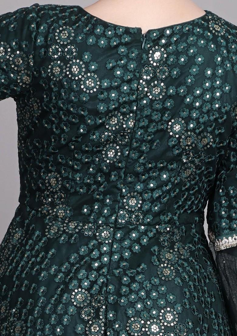 Green Floral Embroidered Poly Blend Kurta Set