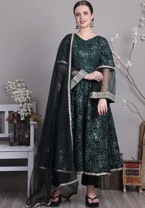 Green Floral Embroidered Poly Blend Kurta Set