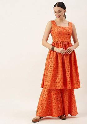 Orange Printed Poly Blend Kurta Set