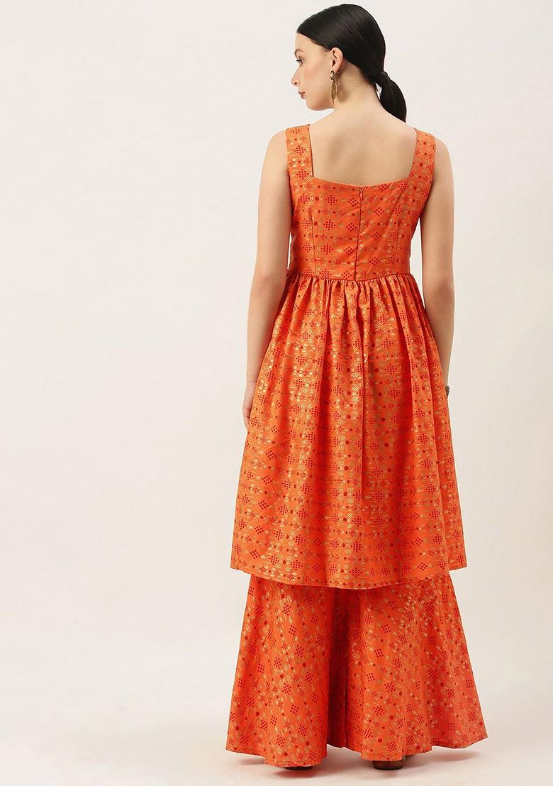 Orange Printed Poly Blend Kurta Set