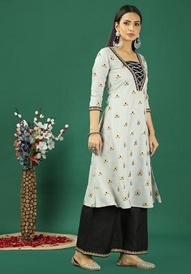 Grey Ethnic Motifs Printed Poly Blend Kurta Set