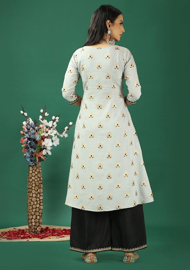 Grey Ethnic Motifs Printed Poly Blend Kurta Set