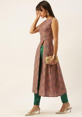 Peach Floral Print Poly Blend Kurta Set