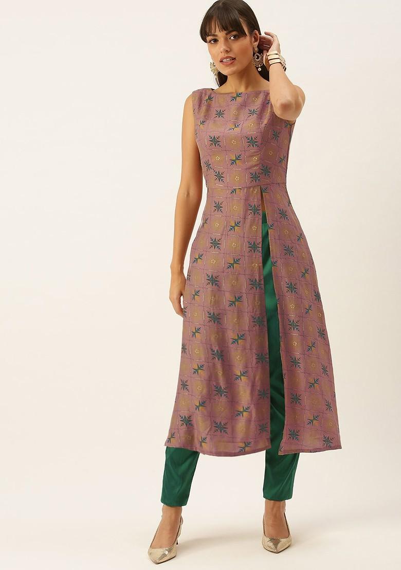 Peach Floral Print Poly Blend Kurta Set