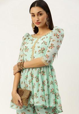 Sea Green Sequin Embroidered Poly Blend Kurta Set
