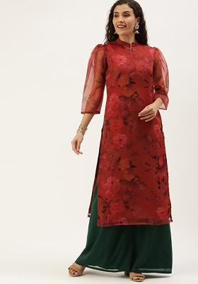 Red Floral Print Poly Blend Kurta Set